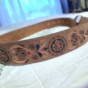 Fossil Brown Leather Belt with Floral Design